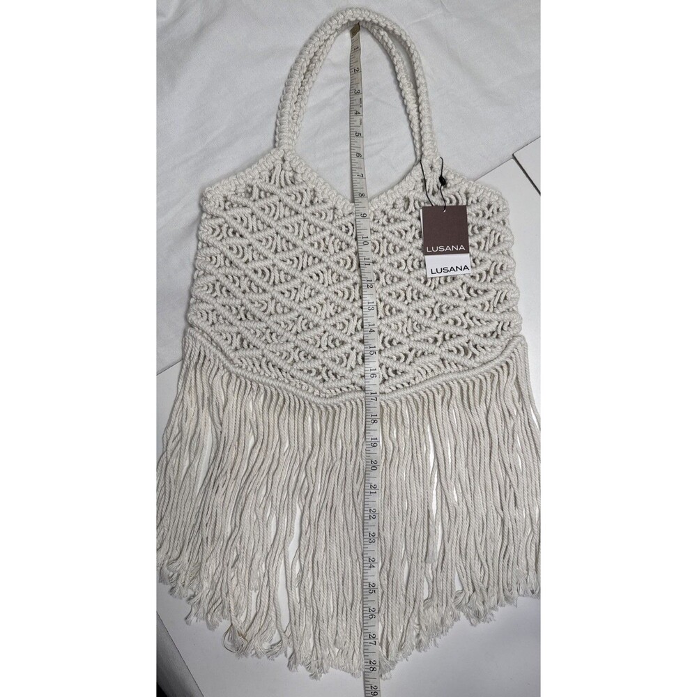 Lusana Resort Boho Fringe Crochet Bag Pearl Ivory Open Weave Unlined NWT - Picture 5 of 6
